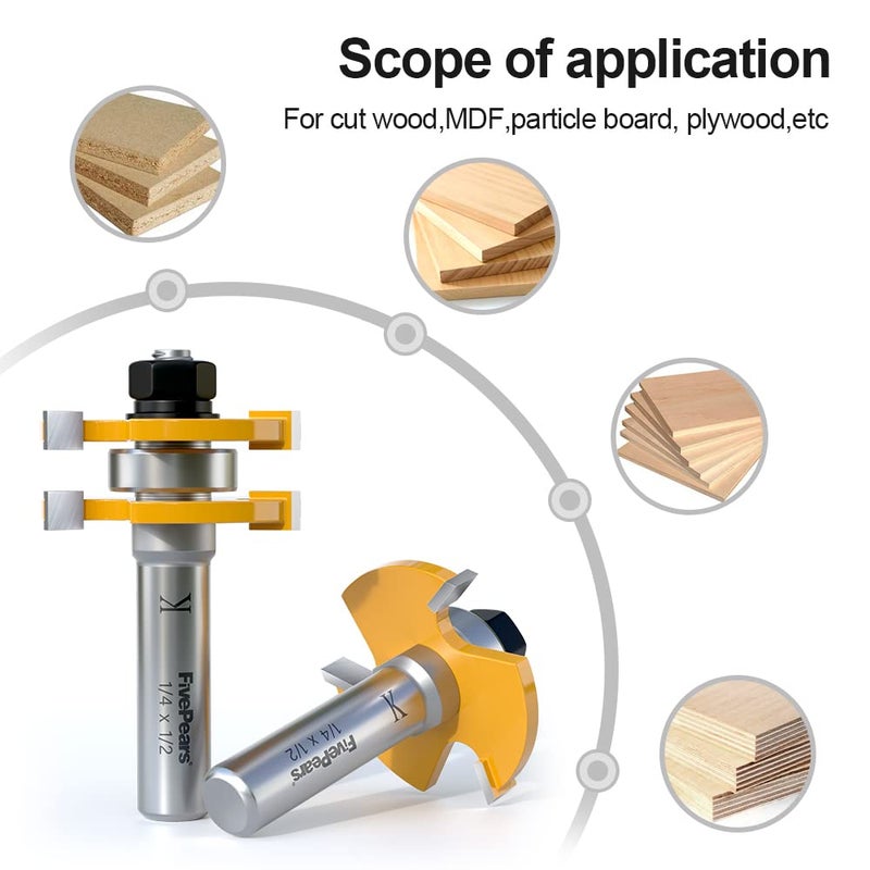 FivePears Tongue and Groove Router Bit Set with 1/2" Shank,T Shape 3 Teeth Wood Milling Cutter Woodworking Tool(2pcs) - Image 3